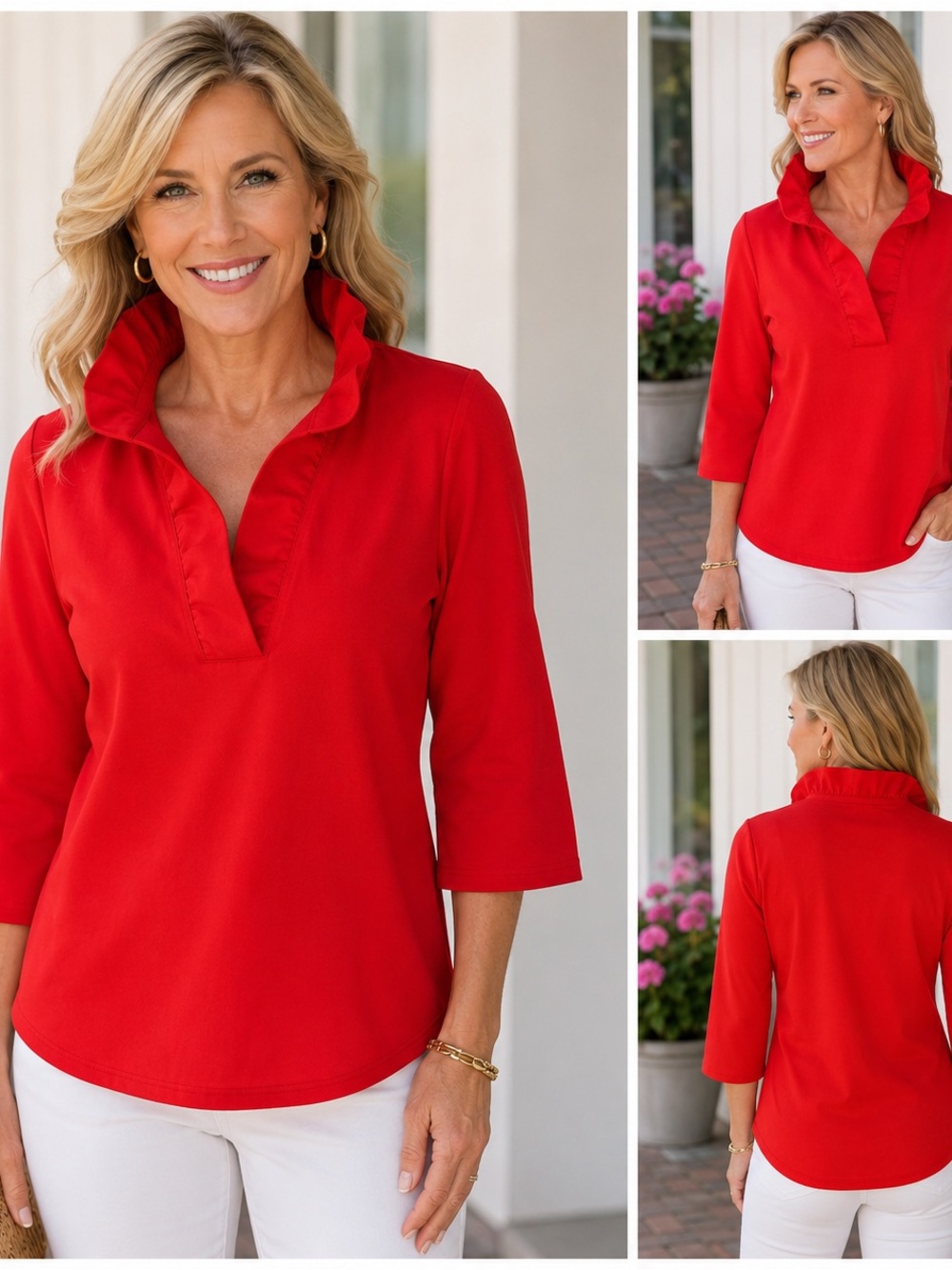 Gretchen Scott Red Ruffle Collar Tunic Blouse 3/4 Sleeve Classic Chic Size S